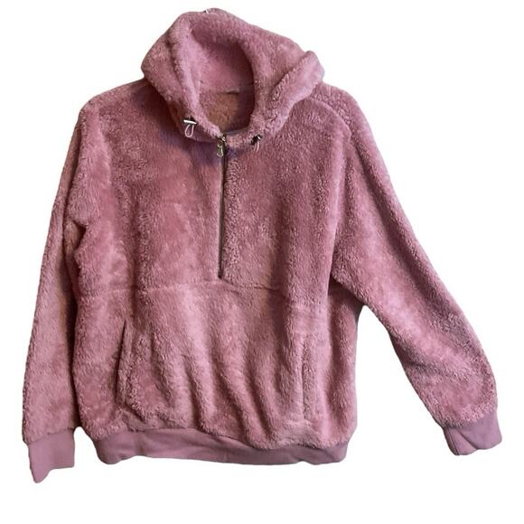 Old Navy Women's Pink Plush Sherpa Faux-Fur 1/2-Zip Hoodie SZ M Kangaroo Pocket - Picture 2 of 7
